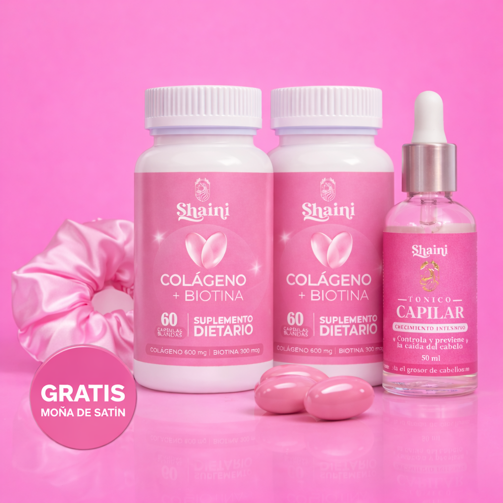 Kit Crecimiento Capilar · Tónico con Capixil + 2 Colágeno con Biotina + GRATIS Moña de Satín