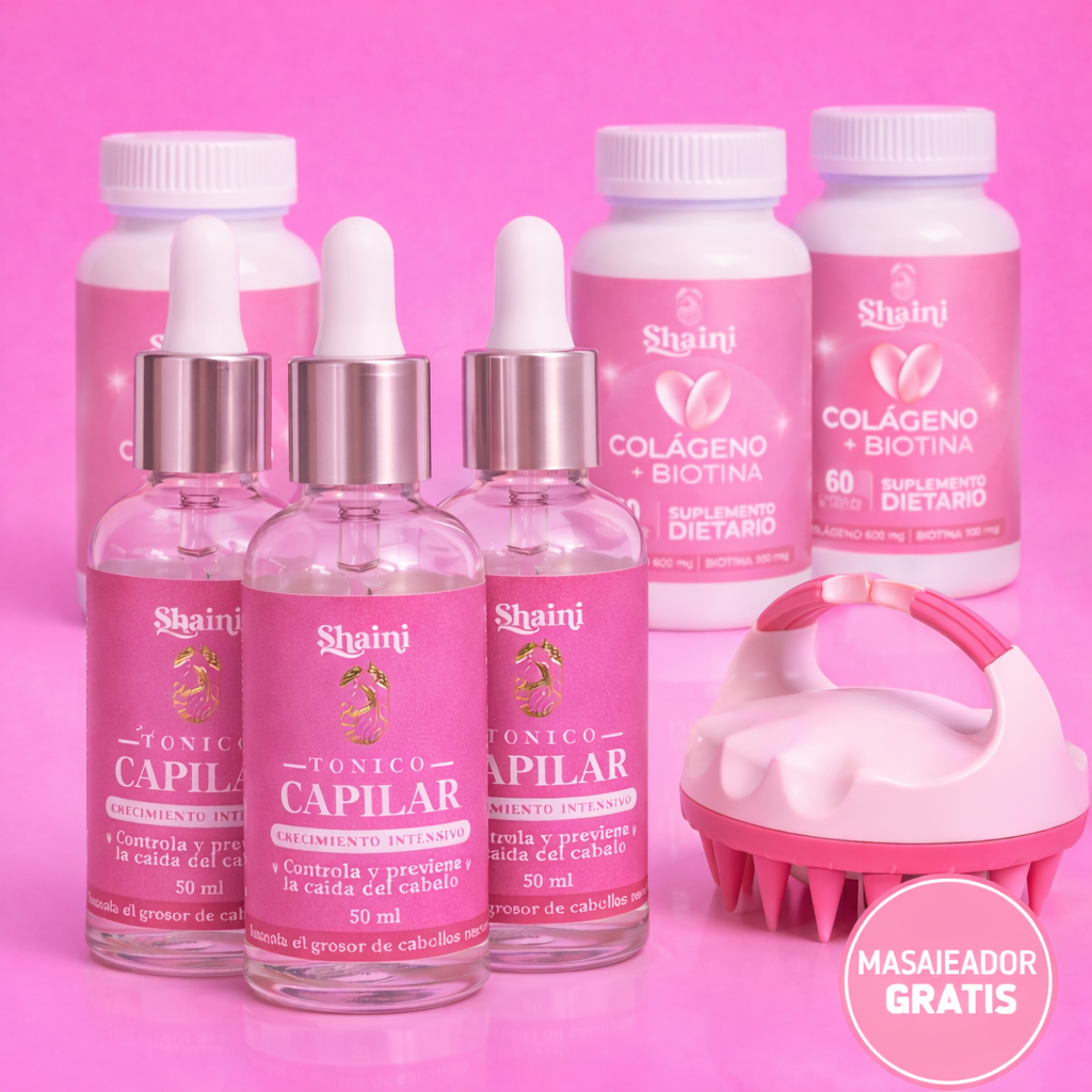 Kit Crecimiento Intensivo · 3 Tónicos con Capixil + 3 Colágeno con Biotina + GRATIS Masajeador Capilar